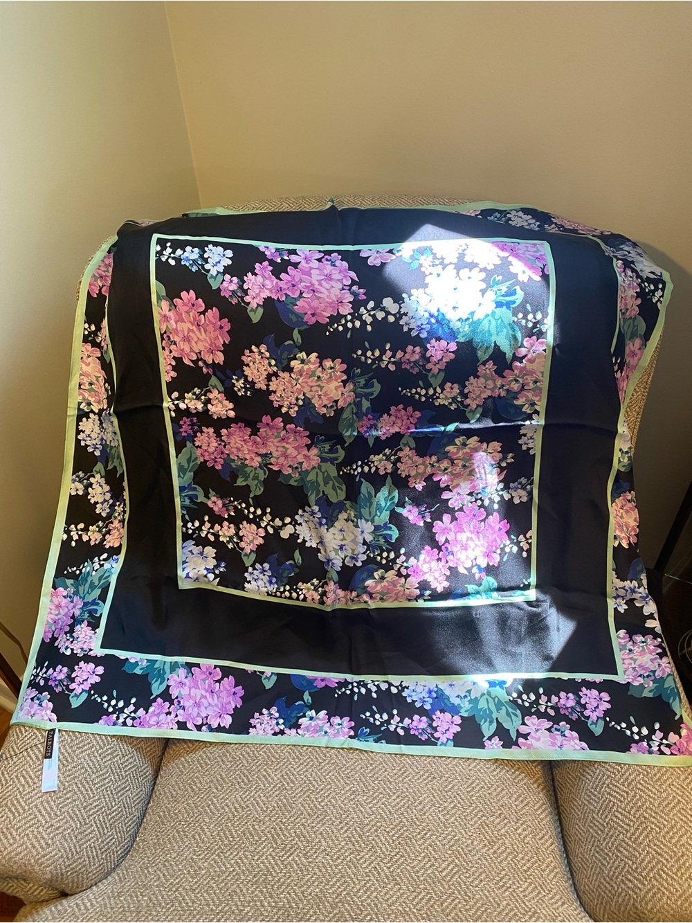Talbots Black Floral Silk-Feel Square Scarf - Pink & Green NWT
